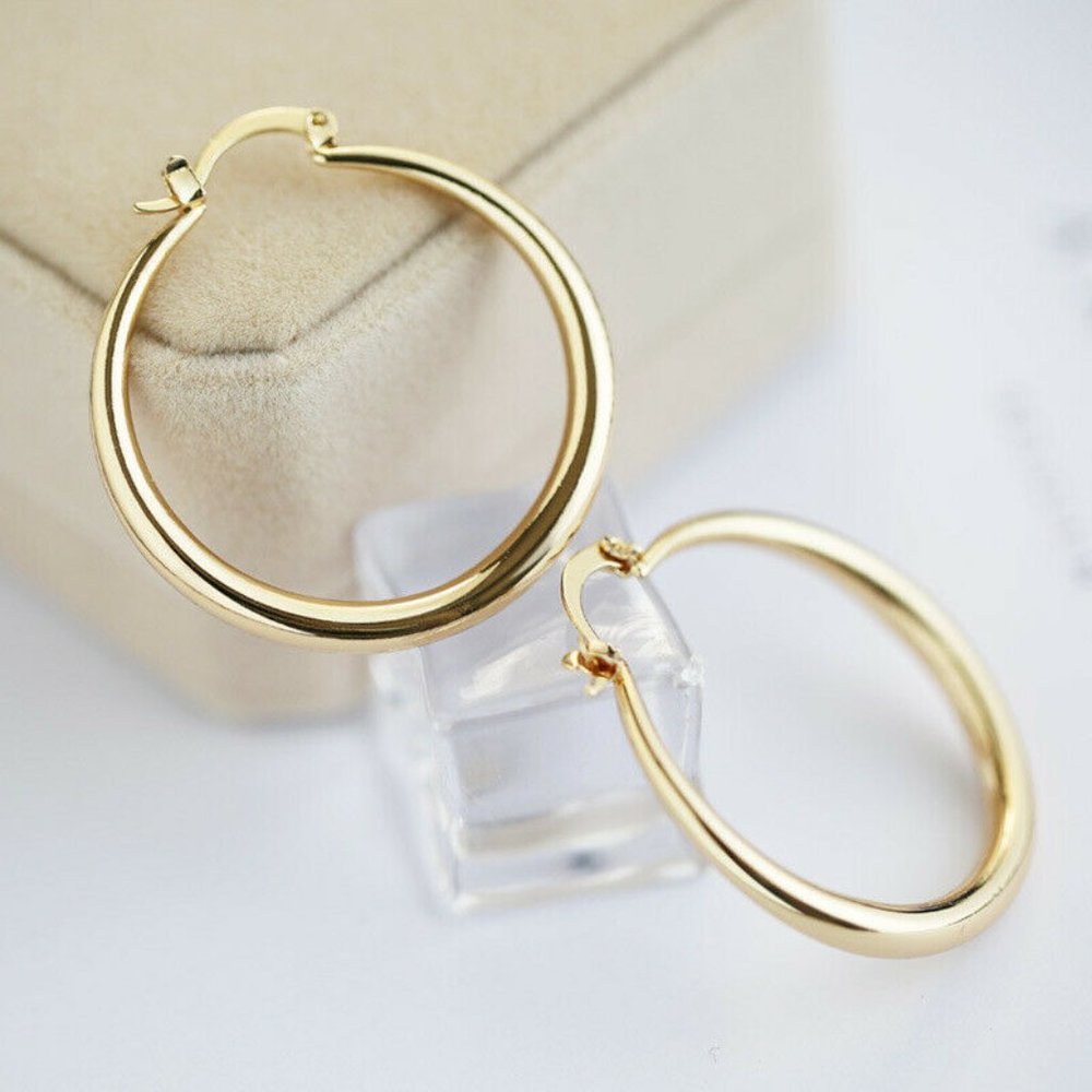 New 18k Gold Plated 925 Silver 1.5" Hoops - Picture 2 of 3